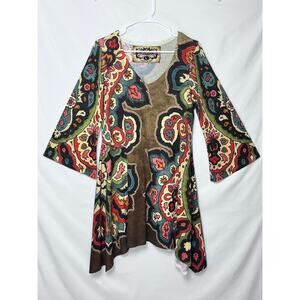 Amma Women's Size Large Multicolored V-Neck 3/4 Sleeve Boho Hippie Chic Dress